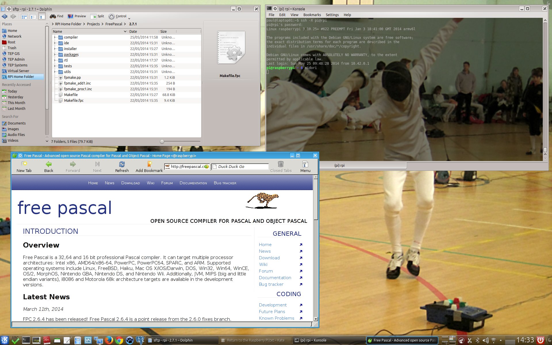 Linux desktop with an SFTP view of a FreePascal 2.7.1 tree and an SSH session on a Raspberry Pi